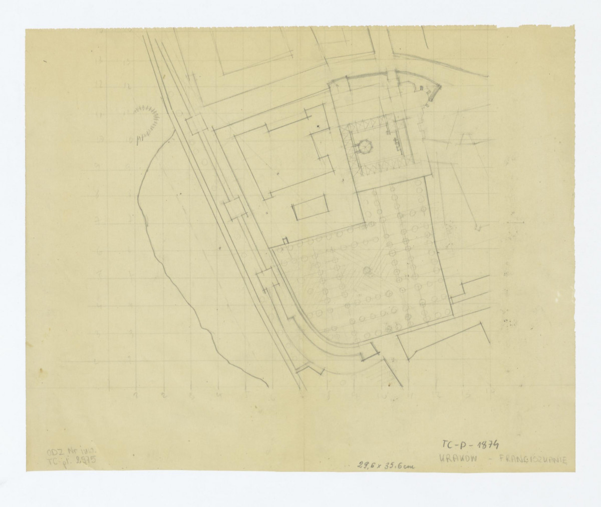 plan sytuacyjny klasztoru z kościołem, zabudowaniami i ogrodem klasztornym, skan 1