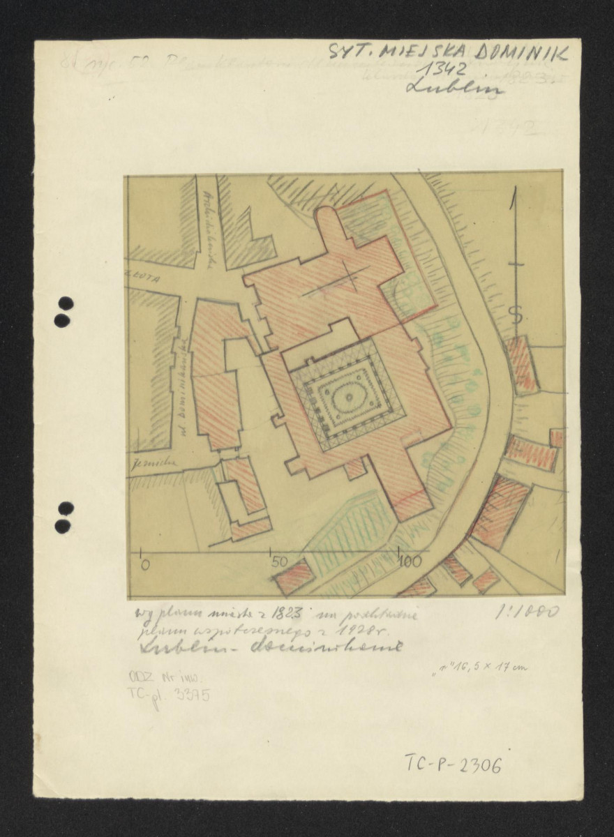 plan sytuacyjny klasztoru z kościołem, zabudowaniami klasztornymi i wirydarzem /według planu z 1823 na podstawie planu współczesnego z 1928 roku/, skan 1
