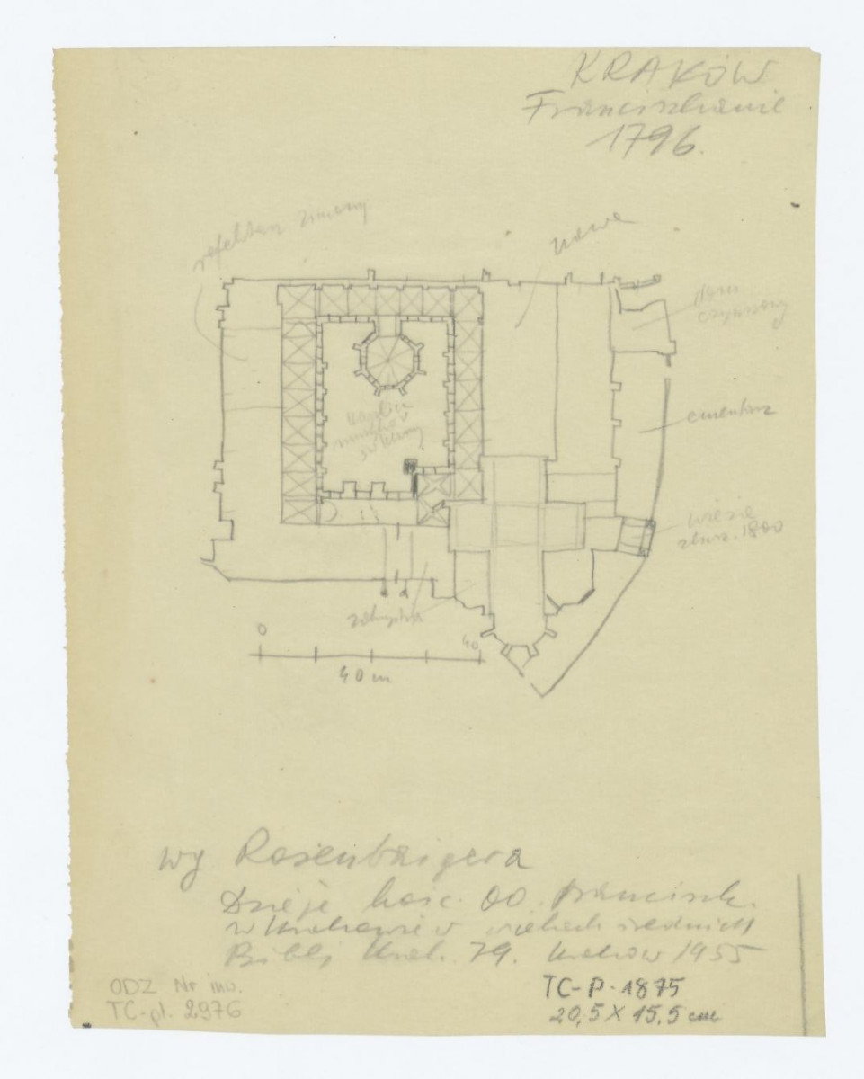 plan sytuacyjny klasztoru z kościołem /według Rosenbaigera, Dzieje kościoła o.o. Franciszkanów w Krakowie w wiekach średnich, Biblioteka Krakowska 79. Kraków 1955/, skan 1