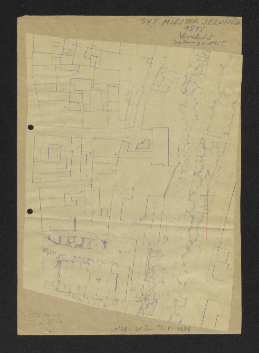 plan sytuacyjny klasztoru z kościołem zabudowaniami i ogrodem klasztornym. Sytuacja z 1955 roku, skan 1