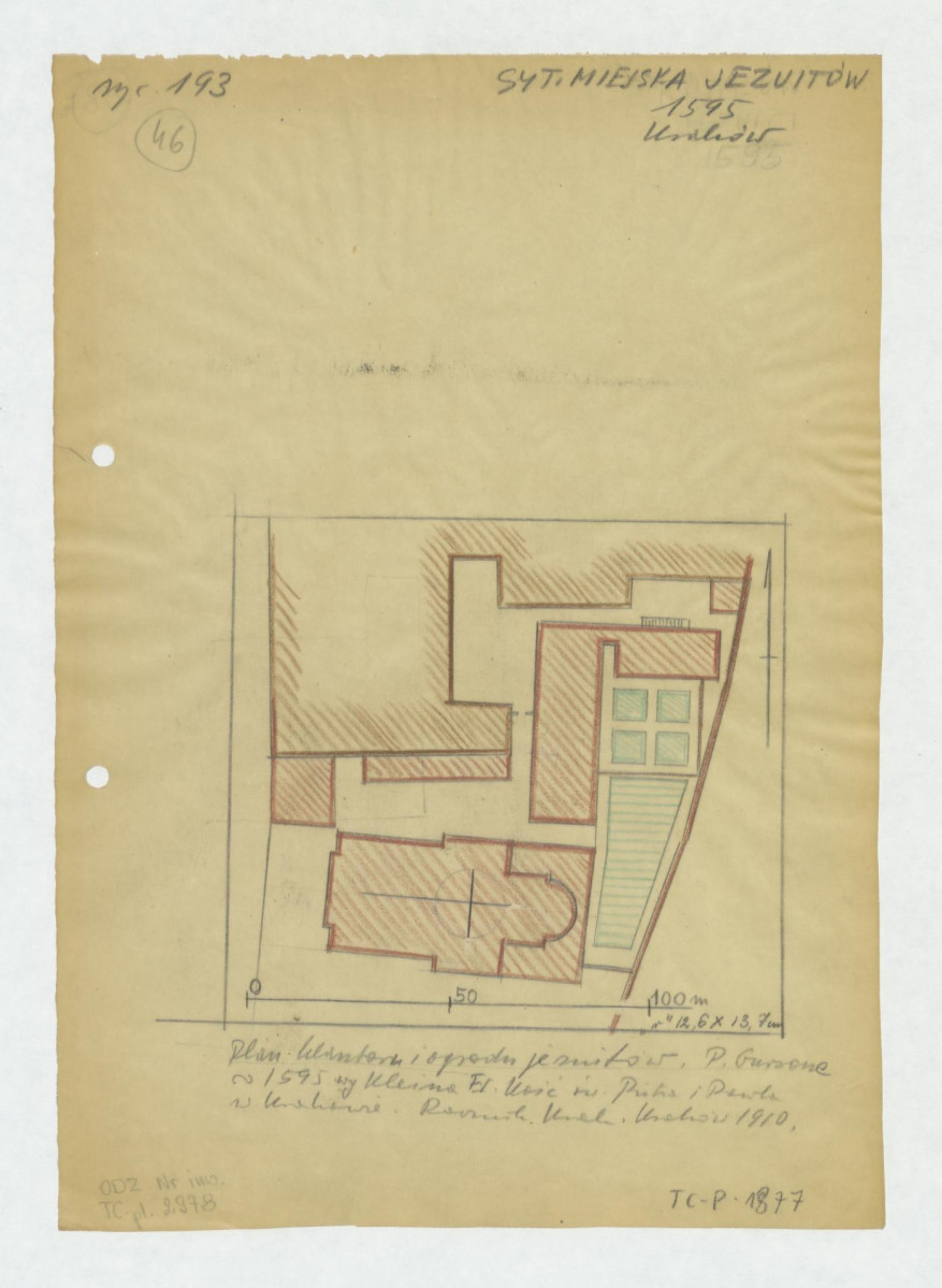 plan sytuacyjny klasztoru z kościołem, zabudowaniami i ogrodem klasztornym. /Według Kleina. Kościół św. Piotra i Pawła w Krakowie, rocznik Krakowski , Kraków 1910/, skan 1