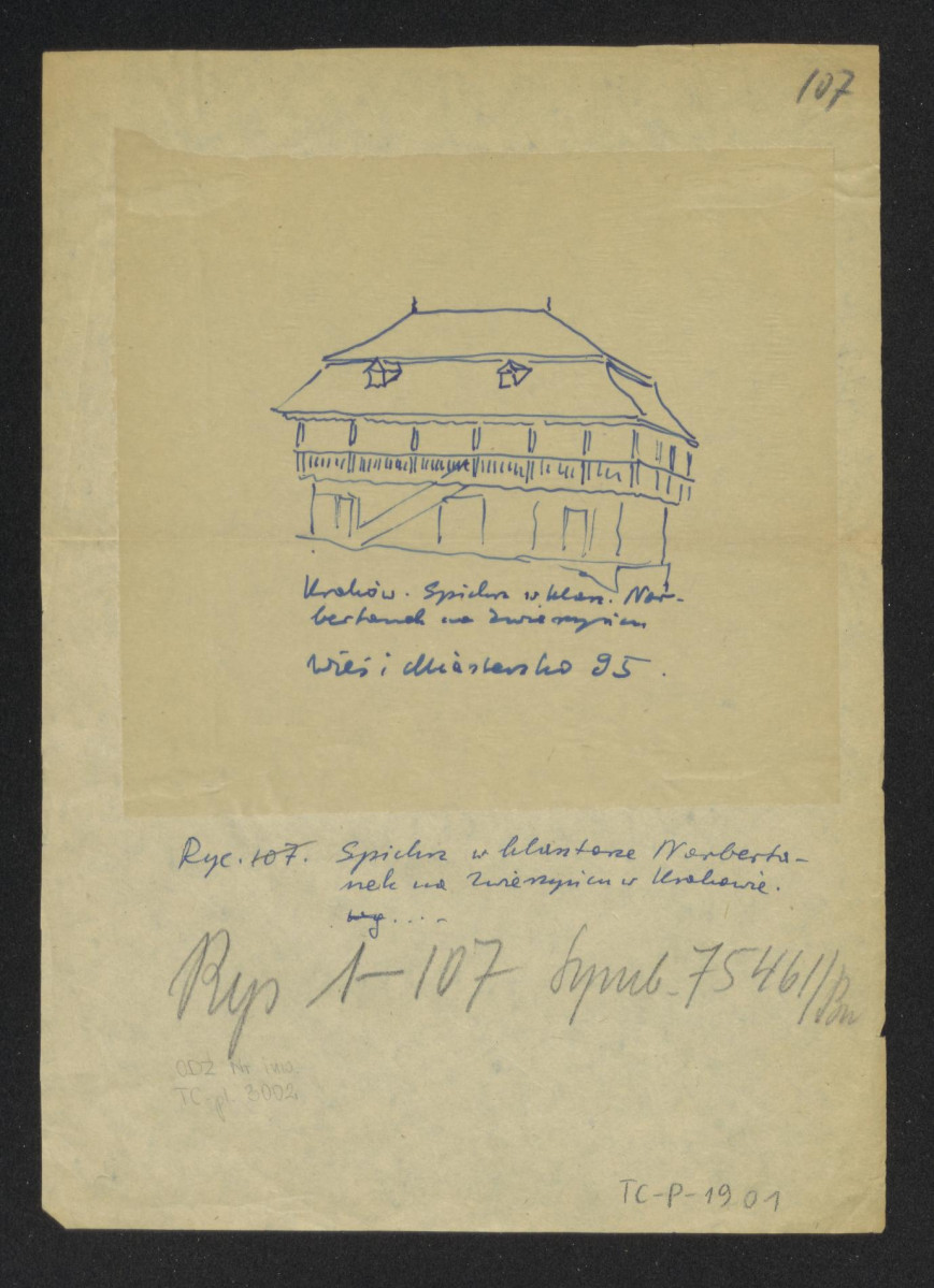 widok perspektywiczny, napisy: Kraków, Spichrz w klasztorze Norbertanek na Zwierzyńcu, wieś i miasteczko 95; Spichrz w klasztorze Norbertanek na Zwierzyńcu w Krakowie według…, skan 1