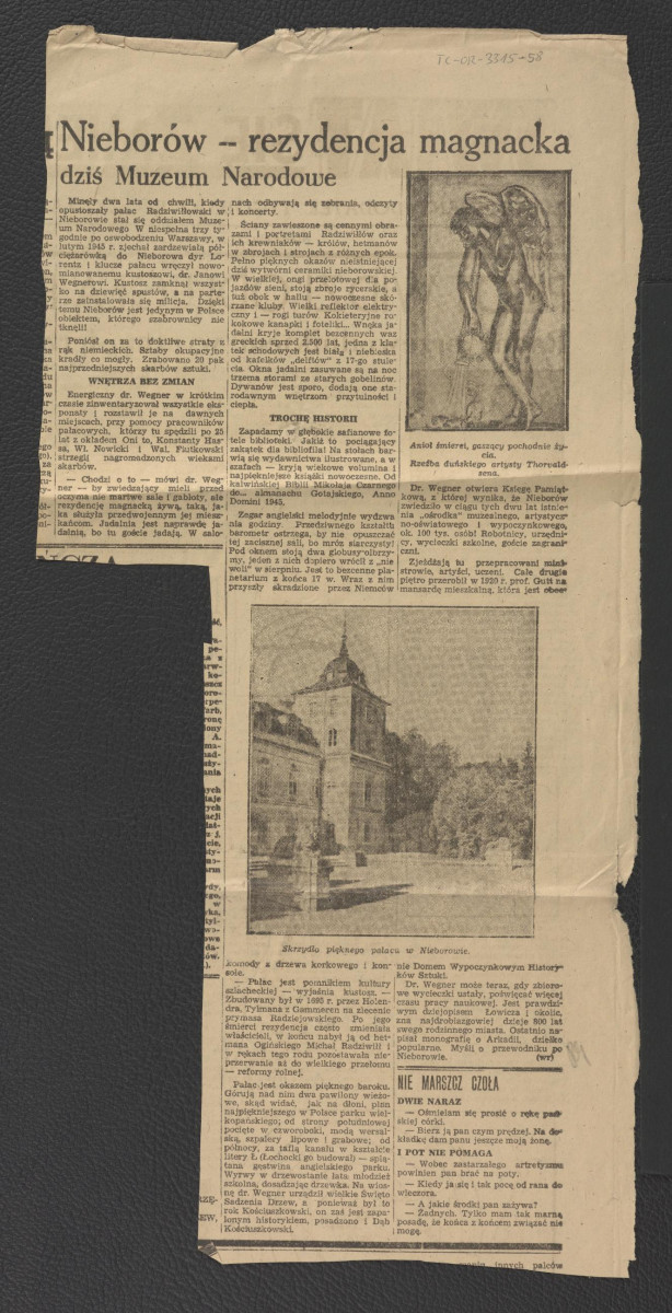 wycinek z ilustrowanego dodatku tygodniowego do “Życia Warszawy” pt. „Świat się zmienia” nr 9 (14) z 23 lutego 1947 r. zawierający artykuł „Nieborów – rezydencja magnacka, dziś Muzeum Narodowe , skan 1