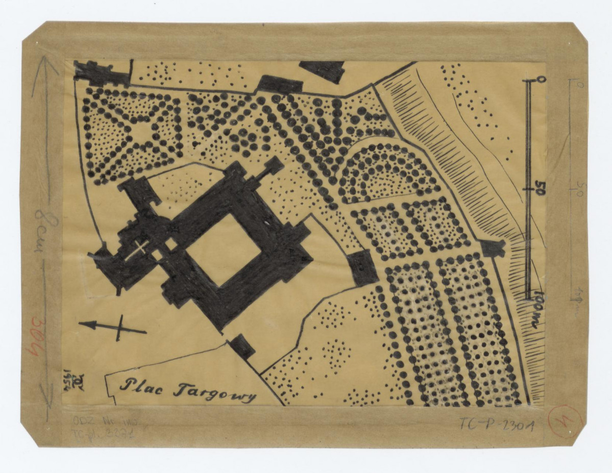 plan sytuacyjny z 1823 roku. Napis Na odwrociu: Lublin - klasztor i ogród Brygidek /Wizytek/, według planu miasta z 1823 roku w zbiorach Konserwatora Wojewódzkiego w Lublinie na podkładzie współczesnego planu miasta opracował i wykreślił Gerard Ciołek 1954, skan 1