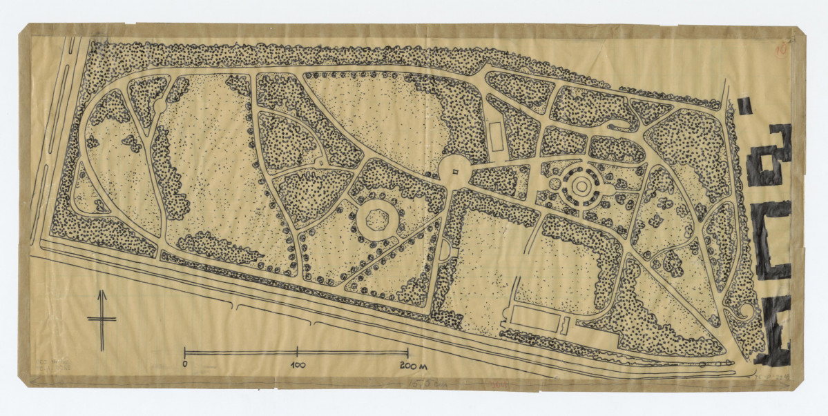 plan sytuacyjny, stan z 1947 roku. Napis na podkładzie: : Lublin - ogród miejski stan z 1947 roku według studiów terenowych opracował Gerard Ciołek 1954, skan 1