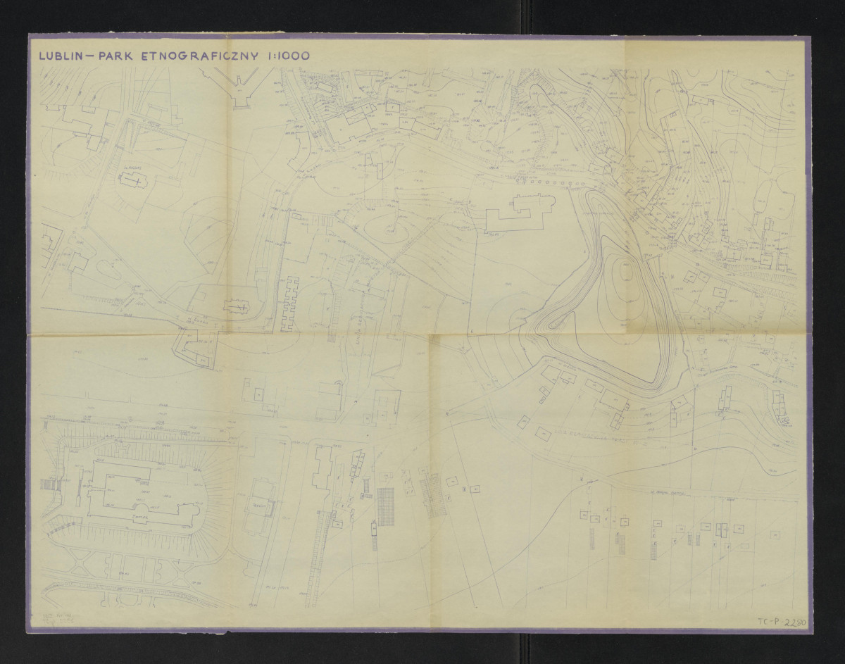 plan sytuacyjny. Napisy: LUBLIN - PARK ETNOGRAFICZNY 1:1000. Podane wymiary i napisy objaśniające, skan 1