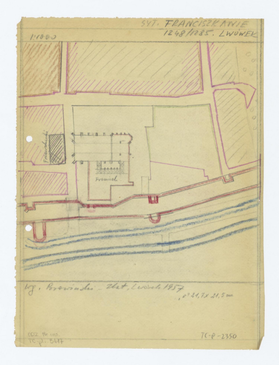 plan sytuacyjny klasztoru z kościołem, zabudowaniami i ogrodem klasztornym /według Browiński - Zlat, Lwówek 1957/, skan 1