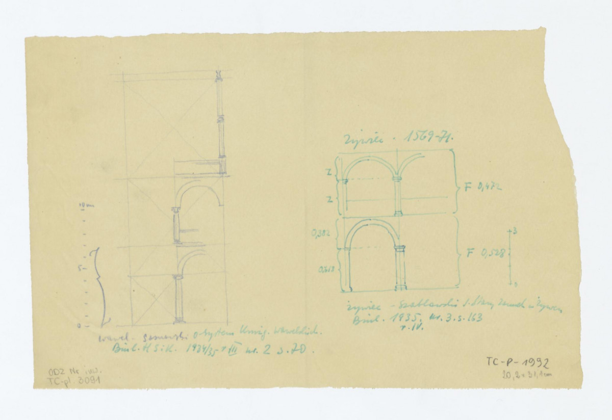 plan przedstawiający zestawienie krużganków zamkowych na Wawelu i  w Starym Zamku w Żywcu. Według O. Sosnowski, system krużganków Wawelskich, BHSi K r. III, 1934/35 nr 2 s. 70 oraz J. Szablowski, Stary Zamek w Żywcu, BHSiK r. IV, 1935, nr 3, s. 163., skan 1