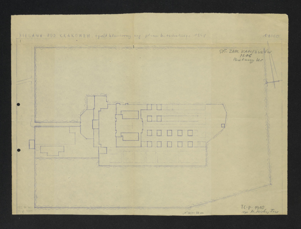 plan sytuacyjny klasztoru z zabudowaniami i ogrodami klasztornymi, według planu katastralnego 1848, skan 1