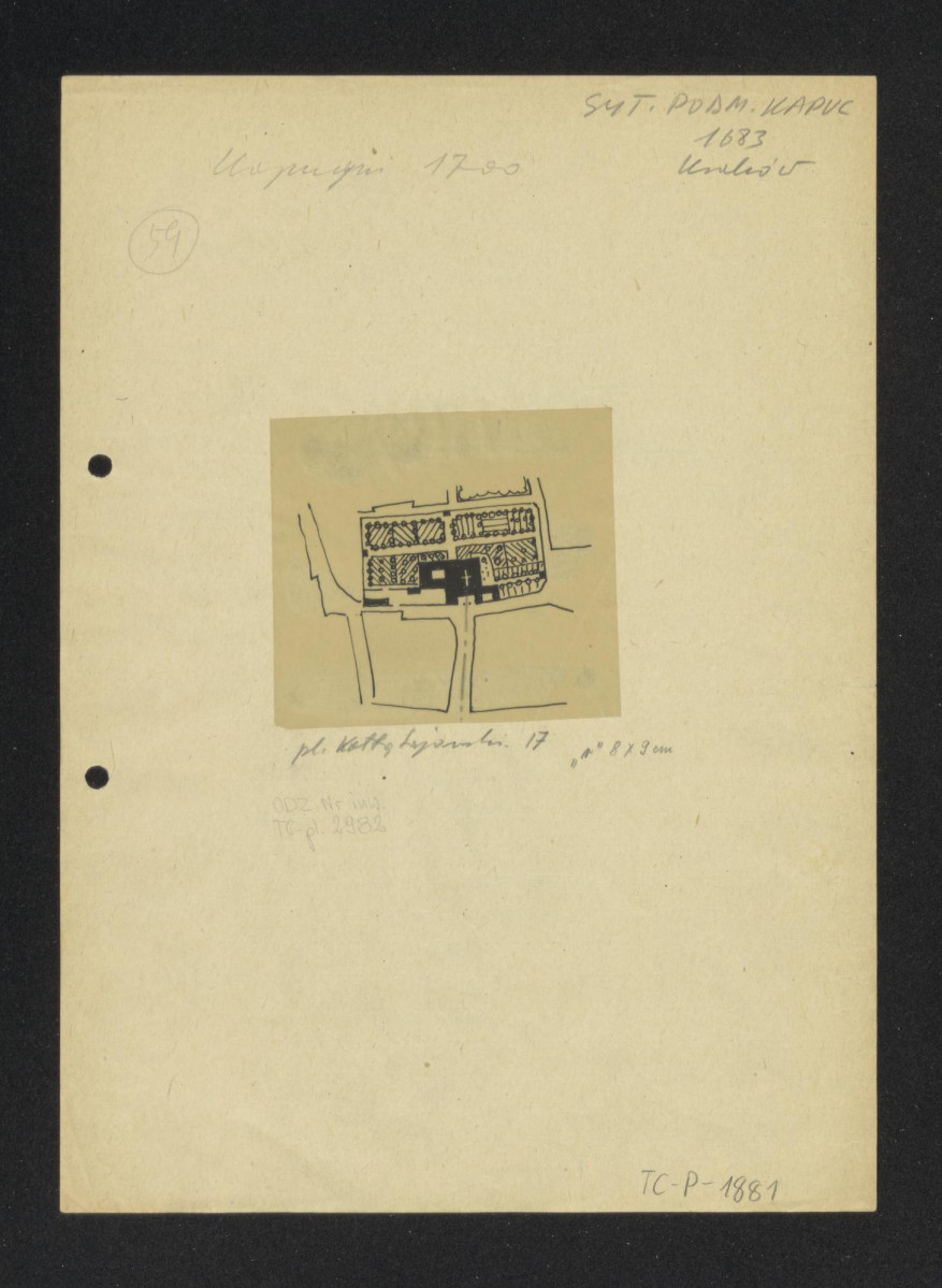 plan sytuacyjny klasztoru z zabudowaniami i ogrodami klasztornymi - plan Kołłątajowski 17, sytuacja z 1700 roku, skan 1