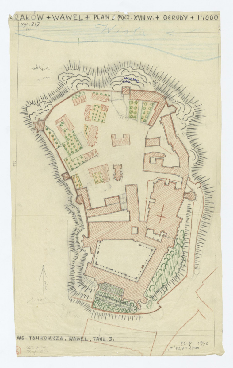 plan z początku XVIII w. + ogrody zamkowe. Według Tomkowicz, Wawel, rycina 3, skan 1