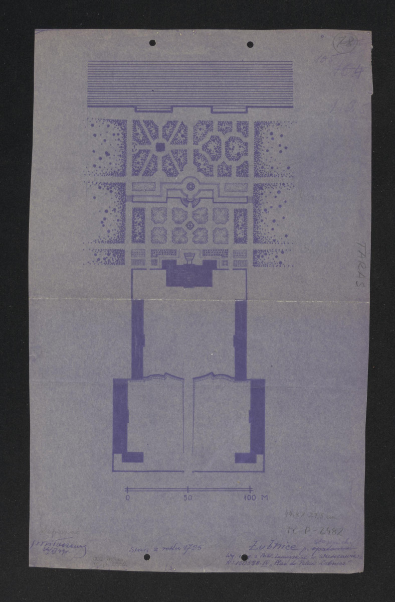 plan ogrodu pałacowego według oryginału z Biblioteki Zamoyskich w Warszawie No 150598. IV "Plan du Palais Lubnica". Stan z roku 1725, skan 1