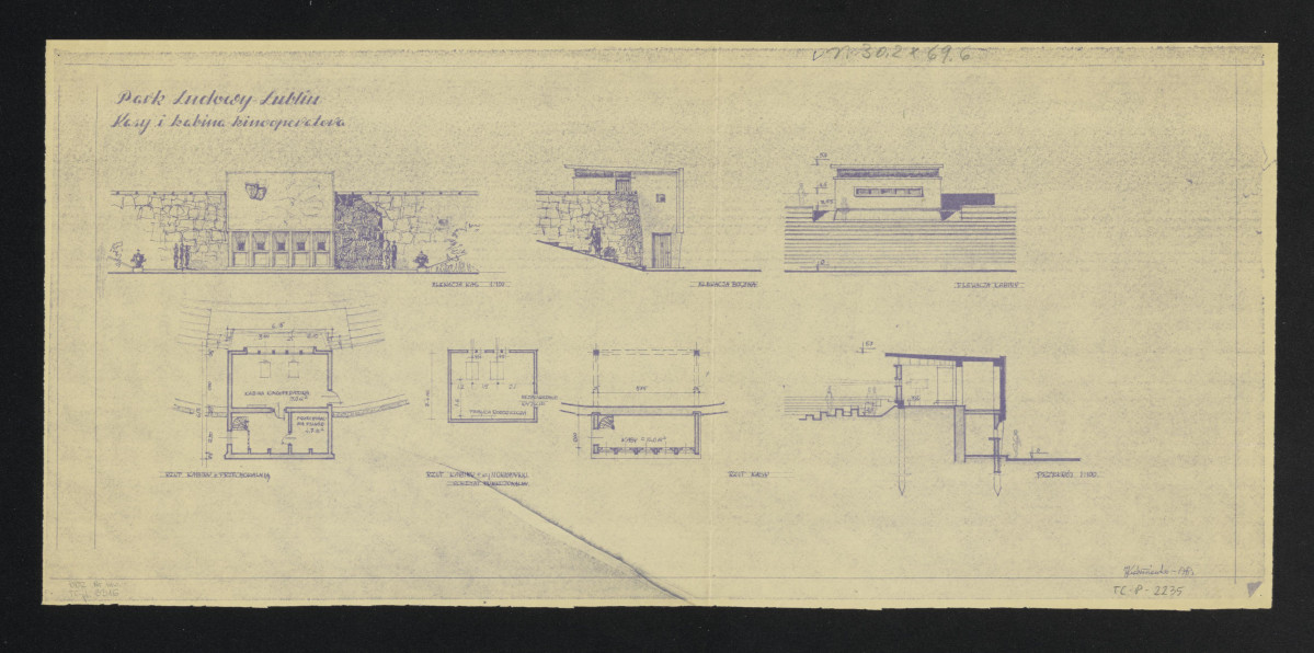 elewacja i rzuty kabiny kinooperacyjne, kasy i przekrój, skan 1