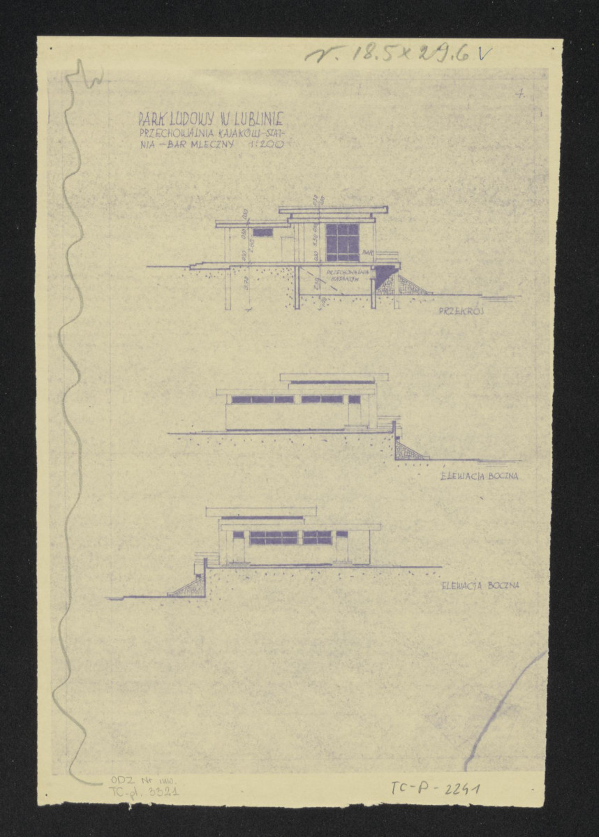 przekrój i elewacje boczne baru mlecznego - przechowalni kajaków i szatni, skan 1