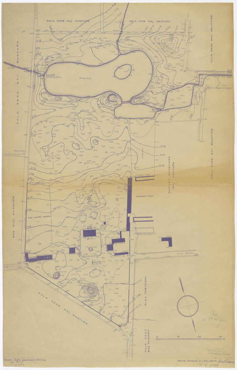 plan warstwicowy parku (odbitka), skala 1:1000, skan 1