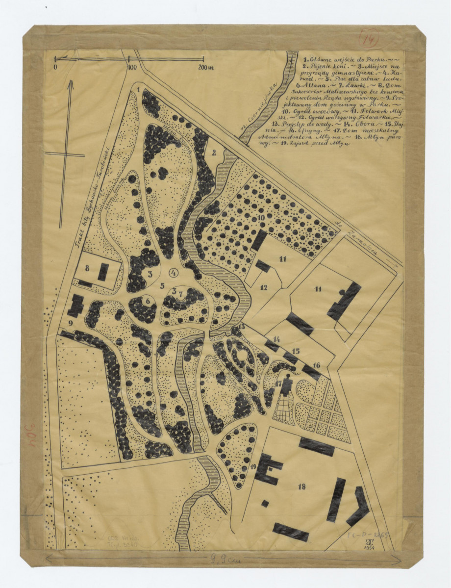 plan sytuacyjny z roku 1860. na planie oznaczone: Trakt bity Bychawsko - Turobiński i Trakt do Zamościa. Oznaczenia cyfrowe zabudowań, legenda. Napis na kartce naklejonej na podkładzie: Plan sytuacyjny posady młyna parowego urządzającego się na gruntach miejskich, skan 1