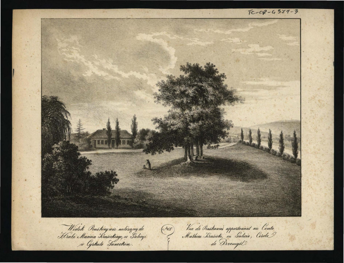 reprodukcja ryciny przedstawiającej miejscową wioskę – prawdopodobnie z Lange A., Zbiór widoków celniejszych ogrodów w Polsce, Lwów 1825-1827                    , skan 1
