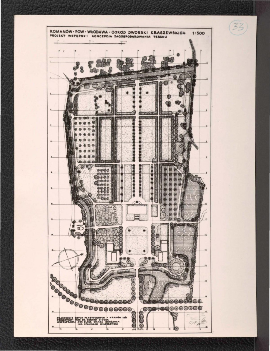 plan wstępnego projektu obsadzenia drzew i melioracji gleby (1 : 500) wykonany w 1961 r. przez G. Ciołka przy współpracy Wandy Genżanki i Stanisława Miłoszewskiego , skan 1