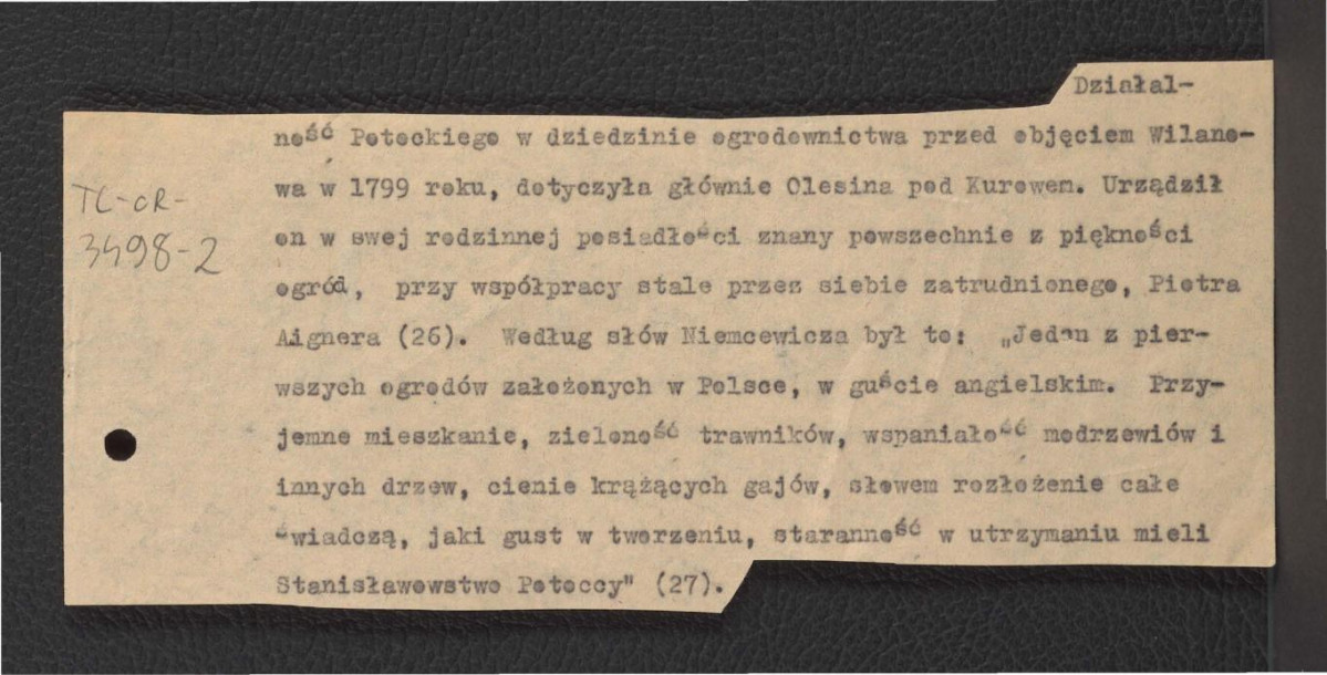 fragment notatki dotyczący działalności Jana Potockiego w zakresie ogrodnictwa przed objęciem Wilanowa w 1799 r. , skan 1