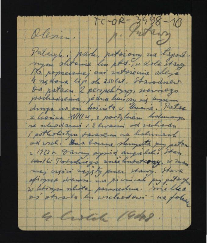 notatka autorstwa Gerarda Ciołka z 1948 r. dotycząca miejscowego pałacyku i parku wraz z tamtejszym drzewostanem , skan 1