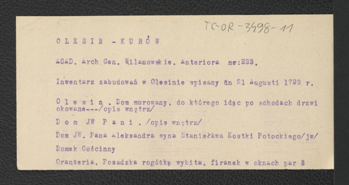 wypis z AGAD Archiwum Generalne Wilanowskie Anetrioa nr 233 dotyczący spisania zabudowań tej miejscowości 21 sierpnia 1893 r. , skan 1