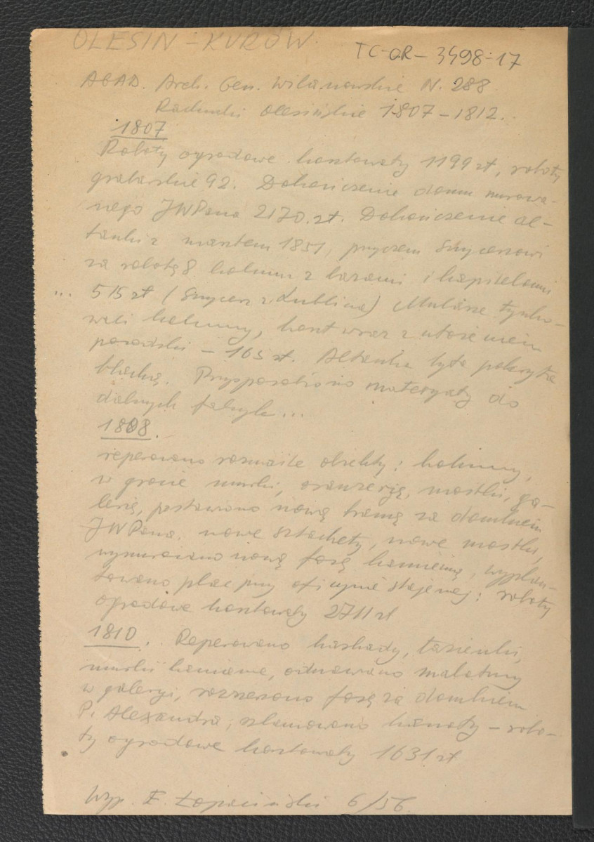 wypis z AGAD Archiwum Generalne Wilanowskie nr 288 – rachunki olesińskie 1807-1812 – na podst. wypisów E. Łopacińskiego (6/56); dwie karty , skan 1