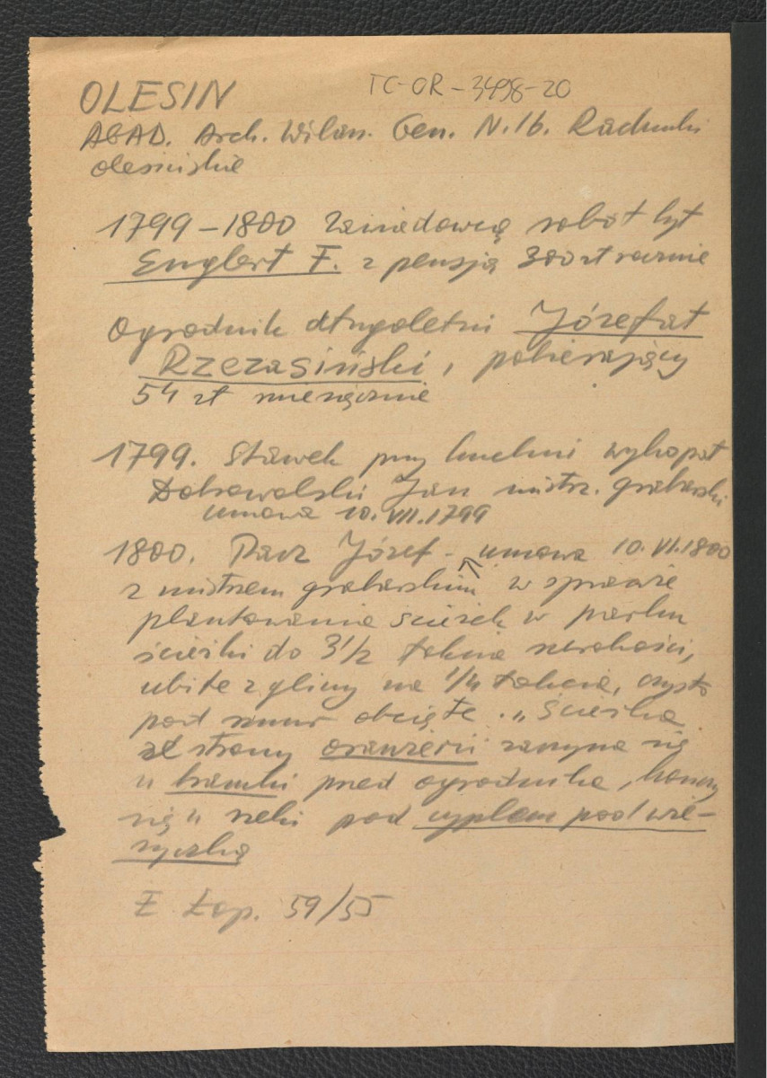 wypis z AGAD Archiwum Wilanowskie Generalne nr 16, Rachunki Oleśnickie z lat 1799-1800 – na podstawie wypisów E. Łopacińskiego (59/55) , skan 1