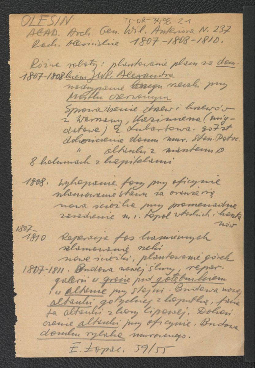wypis z AGAD Archiwum Generalne Wilanowskie Anteriora nr 237; Rachunki Olesińskie 1807-1808 na podst. wypisów E. Łopacińskiego (59/55); dwie karty , skan 1