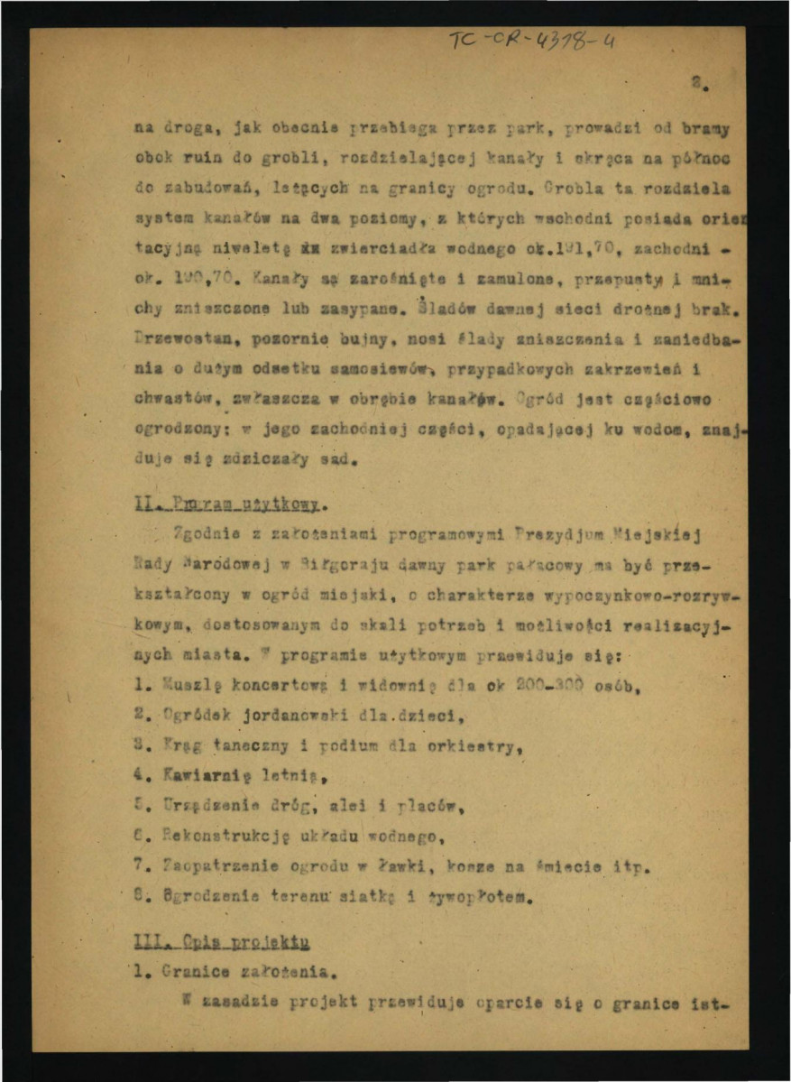 projekt ogrodu miejskiego w w tej miejscowości: opis stanu istniejącego, projektu, program użytkowy etc. sporządzone przez G. Ciołka i S. Miłoszewskiego; pięć kart, skan 2