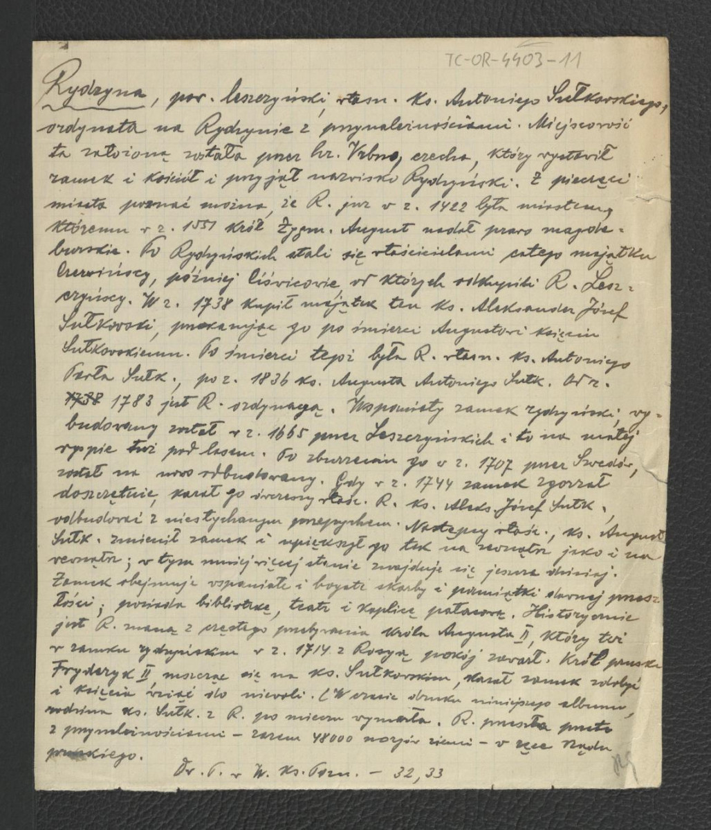 wypis z Durczykiewicz L., Dwory polskie w Wielkim Księstwie Poznańskim, Poznań 1912, s. 32-33 dotyczący dziejów miejscowej posiadłości oraz jej właścicieli i zgromadzonych tam pamiątek, skan 1