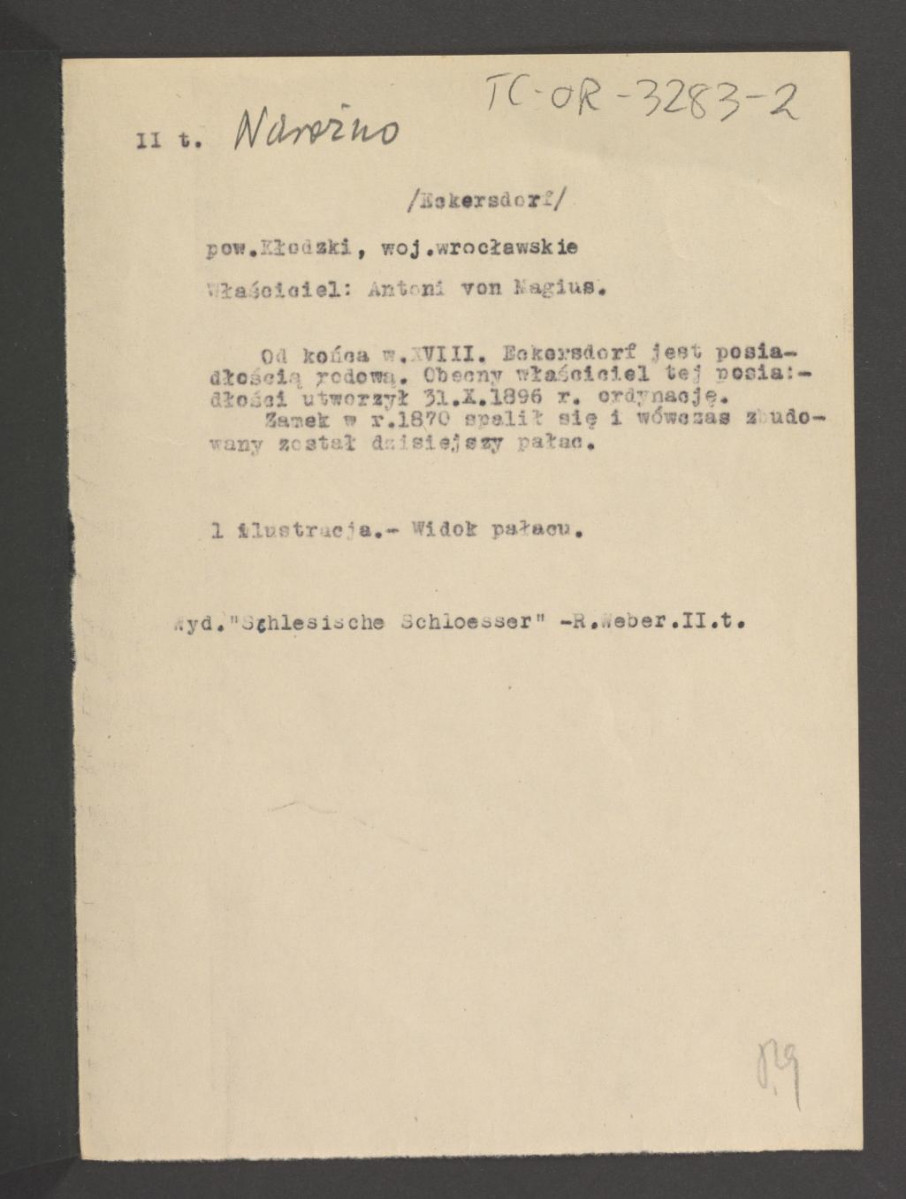 wypis z Weber R., Schlesische Schloesser, t. II, Drezno-Wrocław 1910  dotyczący właścicieli miejscowej posesji oraz pożaru z 1870 r. po którym wzniesiono kolejny pałac , skan 1