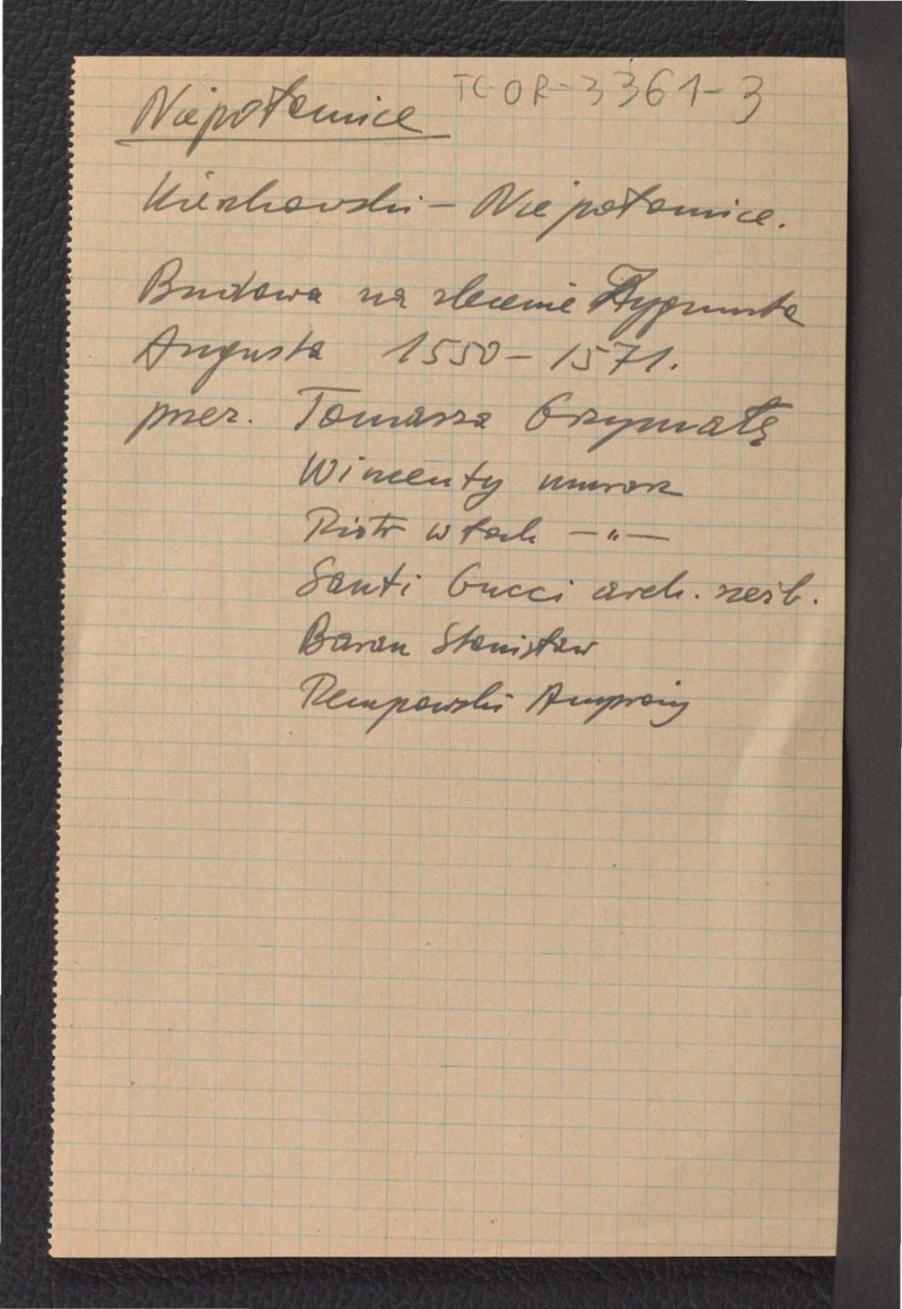 wypis z Kieszkowski W., Dzieje budowy zamku w Niepołomicach za panowania Zygmunta Augusta (1550-1571) w: „Sprawozdanie z posiedzenia Towarzystwa Naukowego Warszawskiego” XXVIII (1935) wzmiankujący prace budowalne z lat 1550-1571 rozpoczęte z polecenia króla Zygmunta Augusta oraz osoby zaangażowane w tę inicjatywę , skan 1