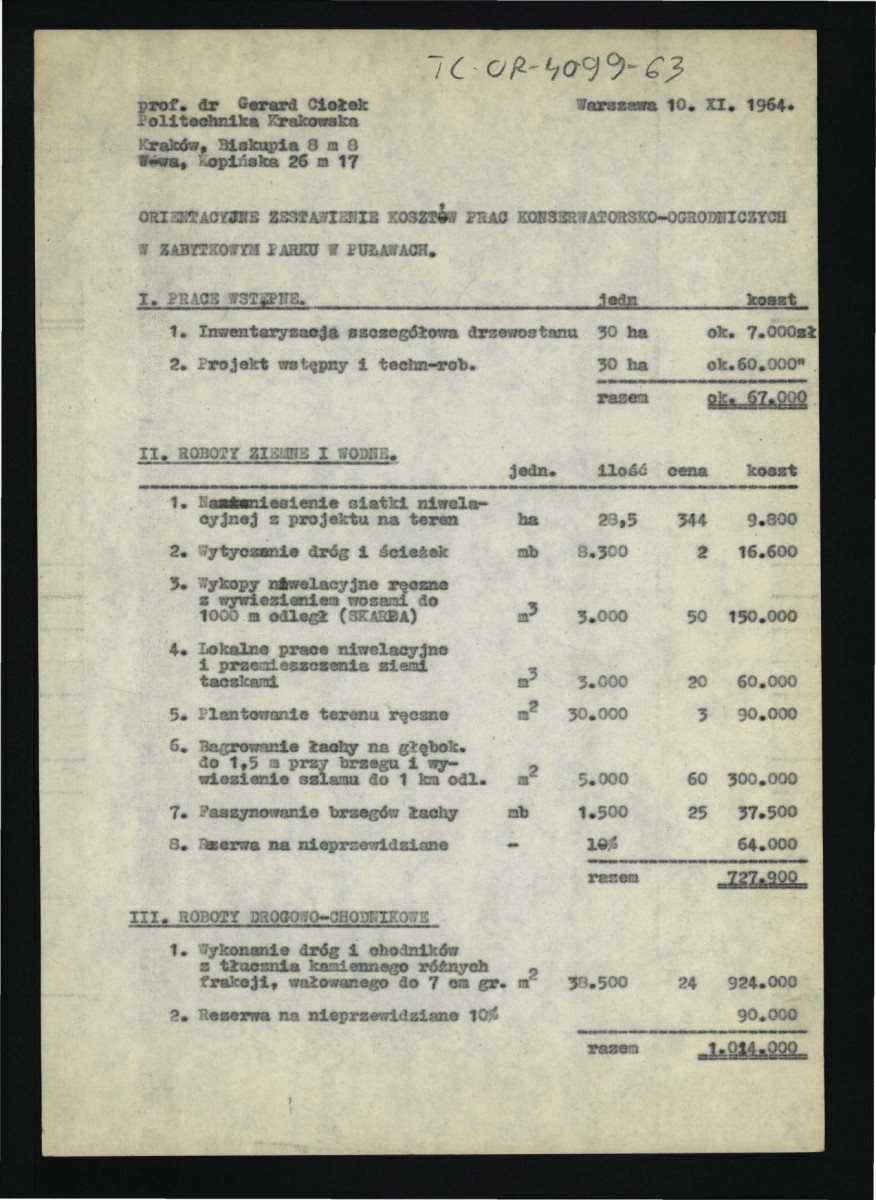 orientacyjne zestawienie kosztów prac konserwatorsko-ogrodniczych w zabytkowym parku w tej miejscowości sporządzone przez G. Ciołka 10 listopada 1964 r.; dwie karty, skan 1
