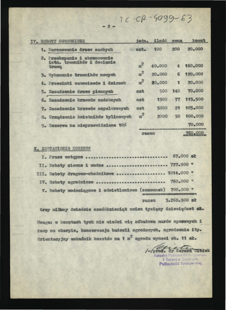 orientacyjne zestawienie kosztów prac konserwatorsko-ogrodniczych w zabytkowym parku w tej miejscowości sporządzone przez G. Ciołka 10 listopada 1964 r.; dwie karty, skan 2