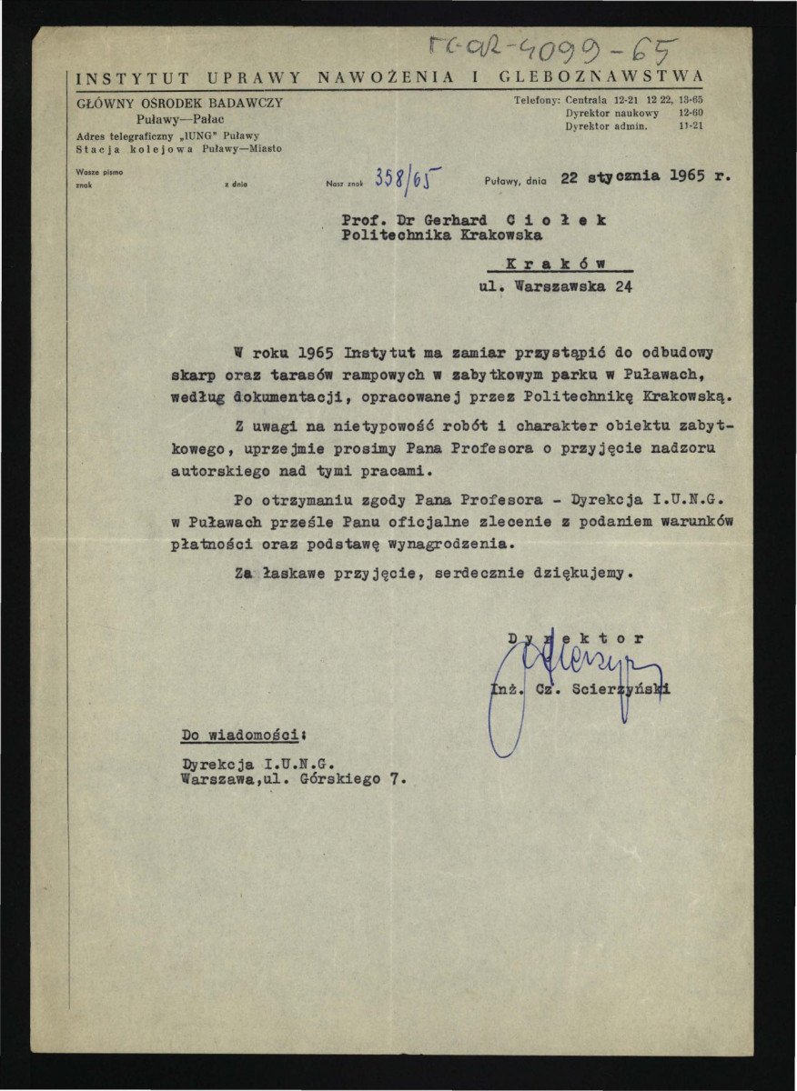 list Cz. Scierzyńskiego do G. Ciołka z 22 stycznia 1965 r. zawierający prośbę o przejęcie nadzoru nad odbudową skarp oraz tarasów rampowych w miejscowym zabytkowym praku , skan 1