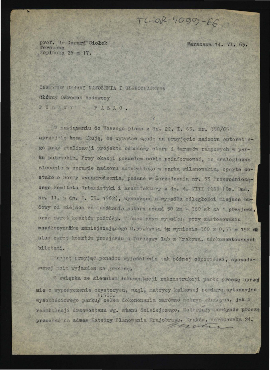 list G. Ciołka z 14 czerwca 1965 r. zawierający zgodę na przejęcie nadzoru autorskiego przy realizacji projektu odbudowy skarp i terenów rampowych w miejscowym parku , skan 1