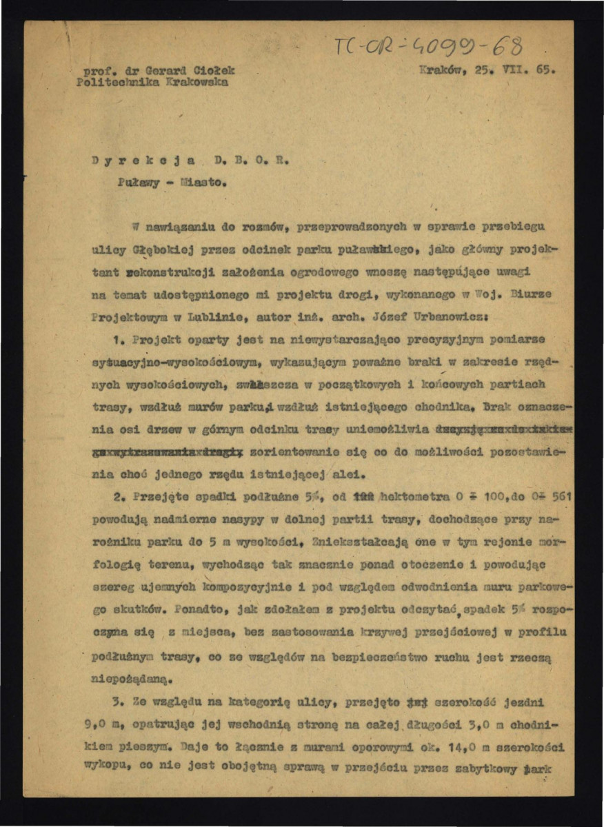 uwagi G. Ciołka z 25 lipca 1965 r. dotyczące projektu przebiegu ul. Głębokiej przez odcinek miejscowego parku; trzy karty                                             , skan 1