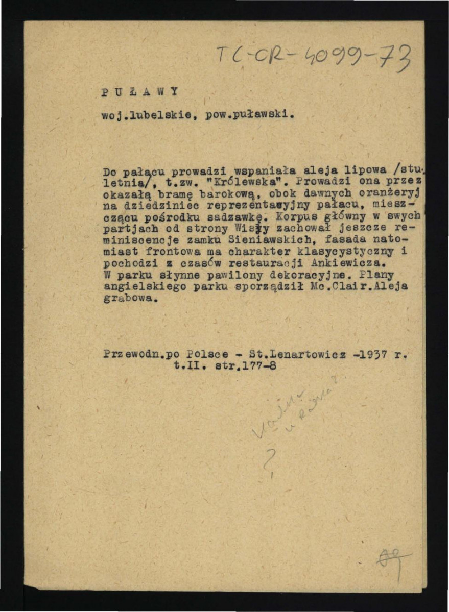 wypis z Przewodnik po Polsce, red. Stanisław Lenartowicz, t. II, Warszawa 1937, s. 177-178 dotyczący alei lipowej, okazałej bramy barokowej, dawnych oranżerii na dziedziniec reprezentacyjny pałacu, wzmianka o parku; dwie karty, skan 1