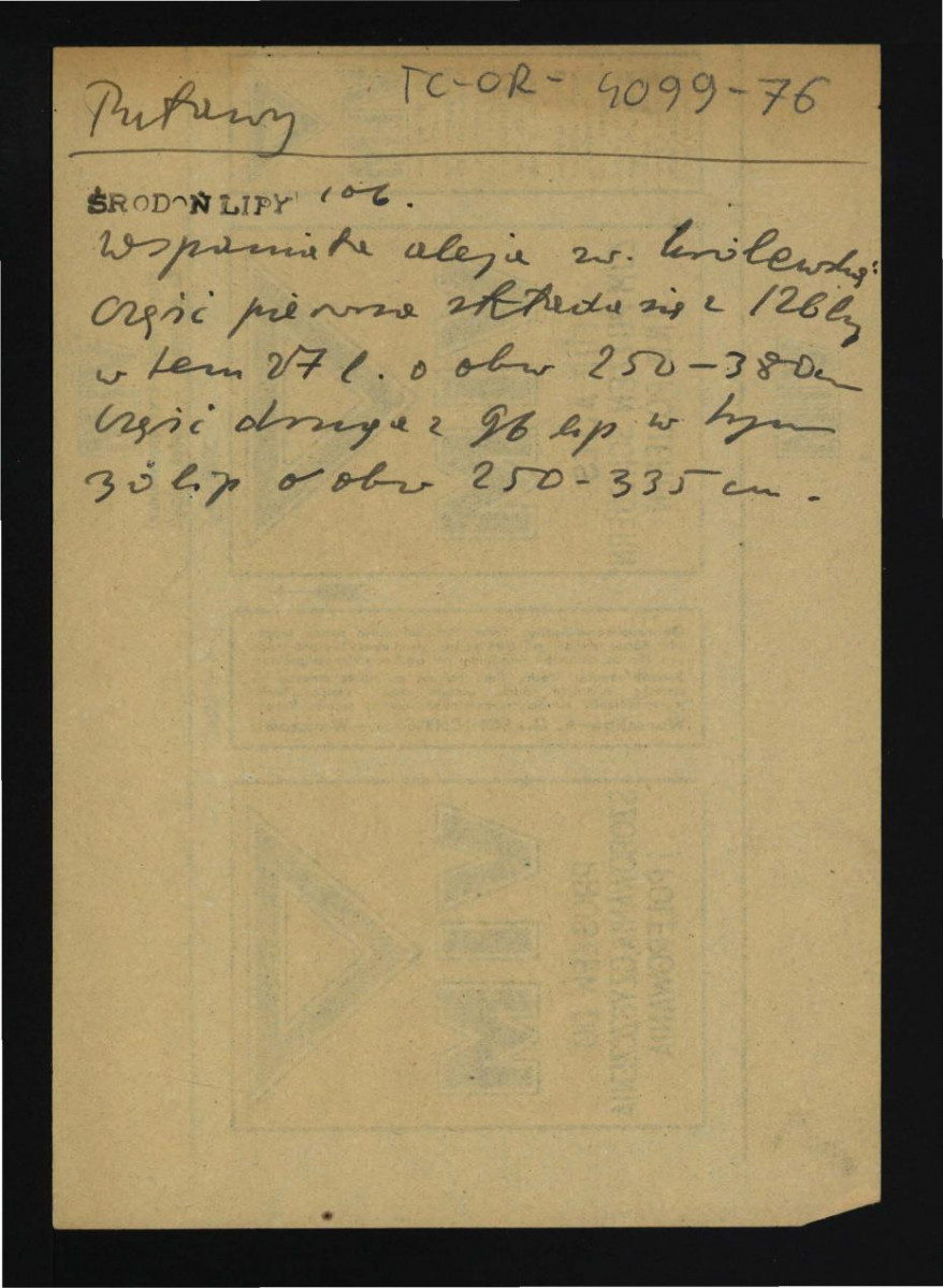 wypis z Środoń A., Inwentarz zabytkowych lip w Polsce w: „Ochrona Przyrody”, R. 15 (1935), s. 106 dotyczący „alei królewskiej” oraz tamtejszego drzewostanu , skan 1