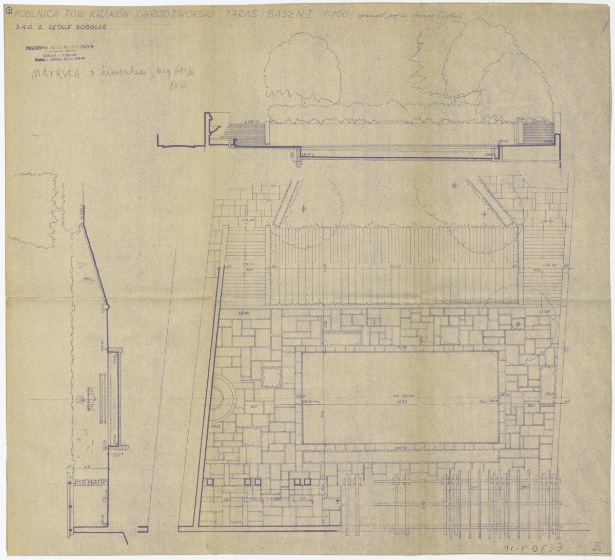 plan ogrodu dworskiego: taras i basen I (1 : 100) oprac. przez G. Ciołka w 1958 r., skan 1