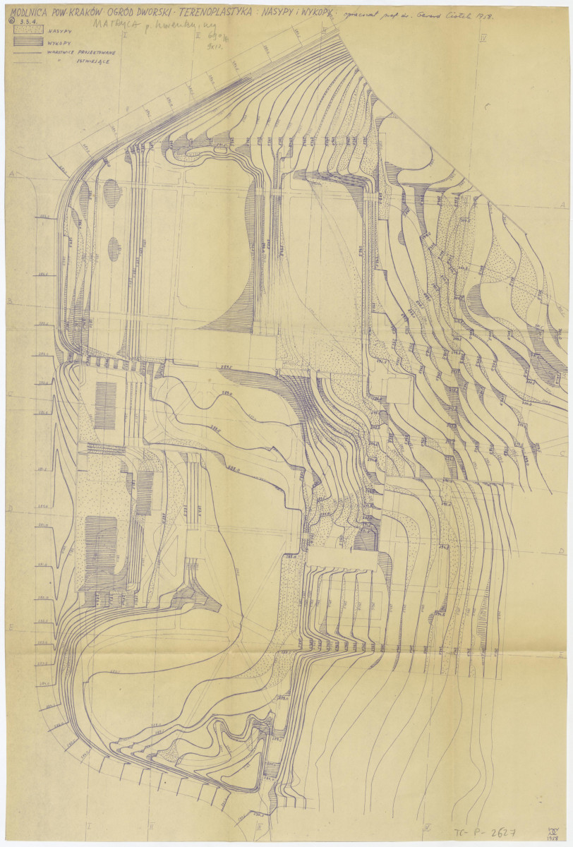 plan ogrodu dworskiego: nasypy i wykopy opracowane przez G. Ciołka w 1958 r. , skan 1