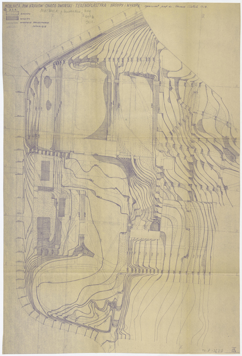 plan ogrodu dworskiego: nasypy i wykopy opracowane przez G. Ciołka w 1958 r. , skan 2