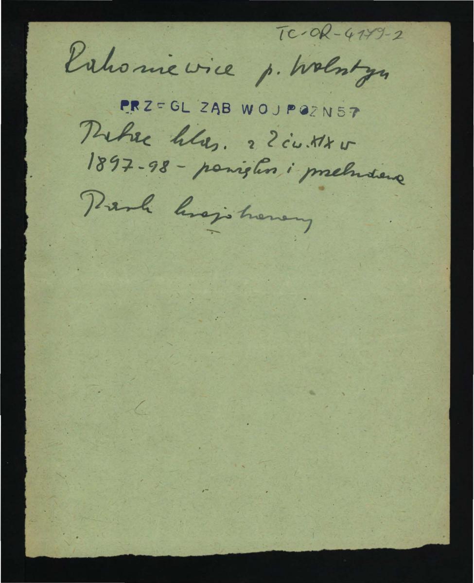 wypis z Przegląd Zabytków Województwa Poznańskiego, WKZ Poznań, Poznań 1957 wzmiankujący klasycystyczny pałac z drugiej ćwierci XIX w., powiększony i przebudowany w latach 1897-1898 oraz park krajobrazowy , skan 1