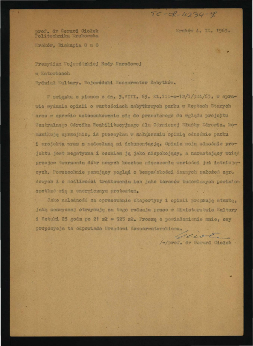 opinia Gerarda Ciołka z 4 września 1963 r. w sprawie parku w tej miejscowości oraz o projekcie jego zagospodarowania przestrzennego; dwie karty            , skan 1