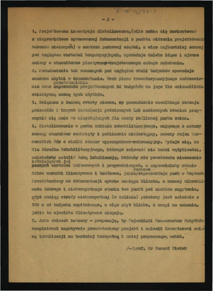 opinia Gerarda Ciołka z 4 września 1963 r. w sprawie parku w tej miejscowości oraz o projekcie jego zagospodarowania przestrzennego; dwie karty            , skan 3