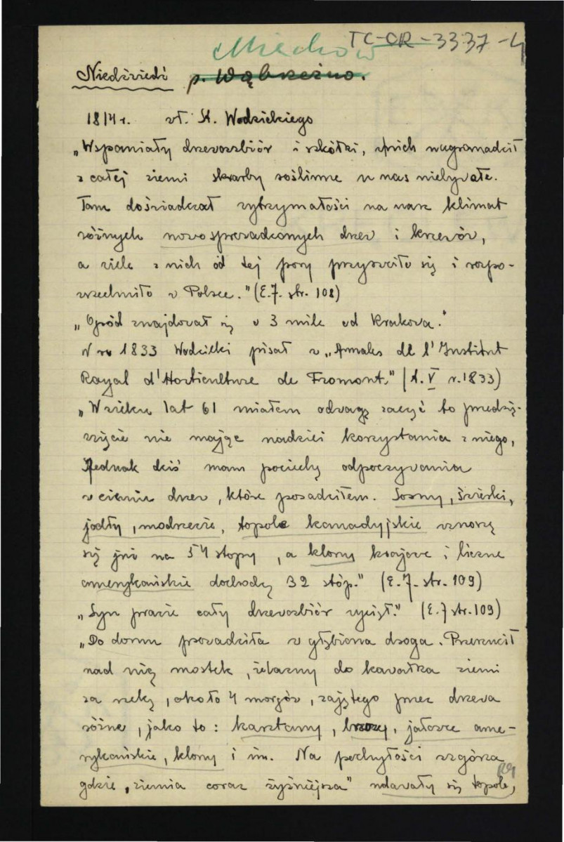 wypis z Jankowski E., Dzieje ogrodnictwa polskiego w zarysie, Warszawa 1923, s. 108-110 dotyczący miejscowego ogrodu oraz tamtejszego drzewostanu , skan 1