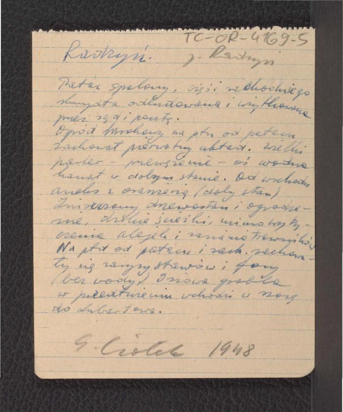 notatka sporządzona przez G. Ciołka, być może na podstawie wizji lokalnej w 1948 r. dotycząca stanu miejscowego pałacu oraz drzewostanu w pobliskim ogrodzie , skan 1