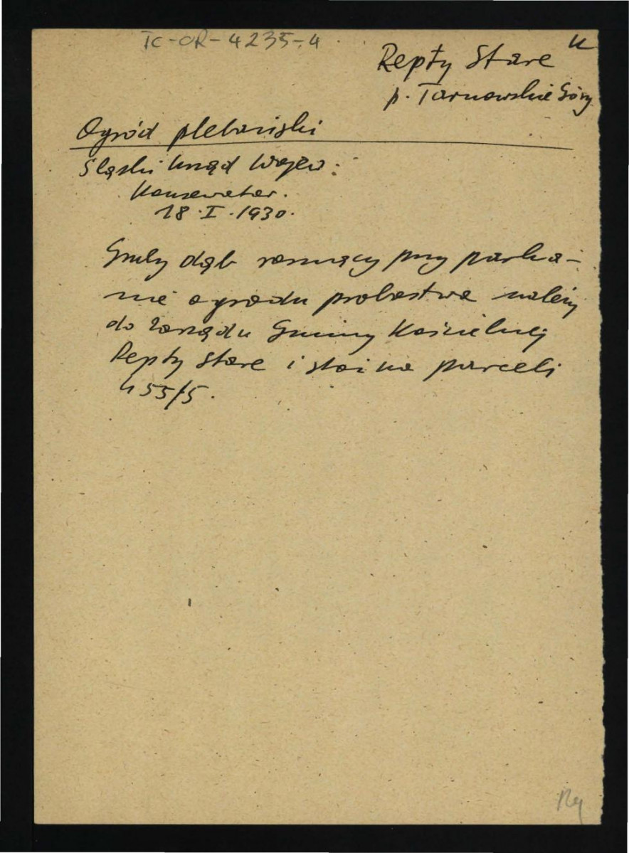 wypis z dokumentacji Wojewódzkiego Konserwatora Zabytków w Katowicach z 18 sierpnia 1930 r. wzmiankujący dąb przy parkanie ogrodu miejscowego probostwa  , skan 1