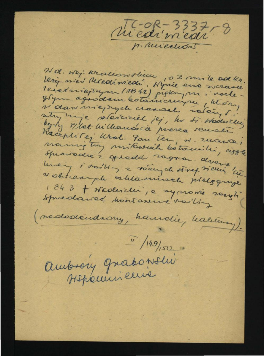 wypis z Grabowski A., Wspomnienia Ambrożego Grabowskiego, t. II, Kraków 1909, s. 149-150 dotyczący usytuowania miejscowej wioski oraz właścicieli tamtejszej posesji, skan 1
