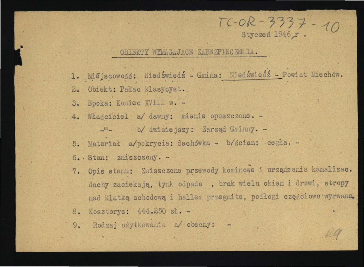 roboczy kwestionariusz ze stycznia 1946 r. dotyczący wymogów konserwacyjnych w w tej miejscowości , skan 1